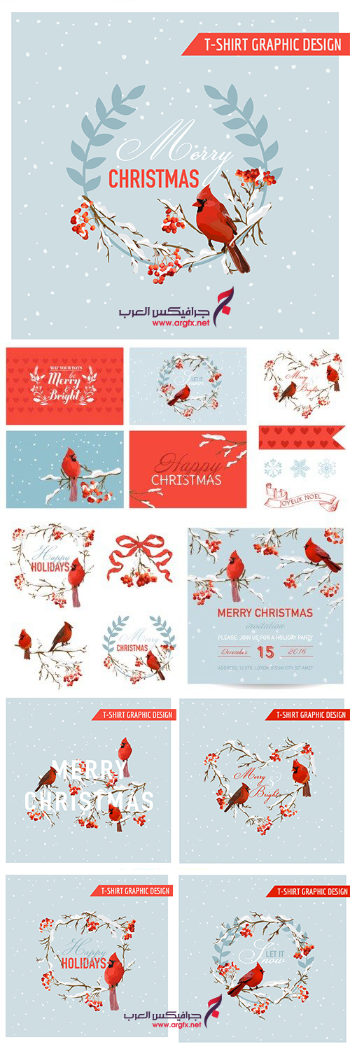  Cards with Christmas Winter Birds Vector