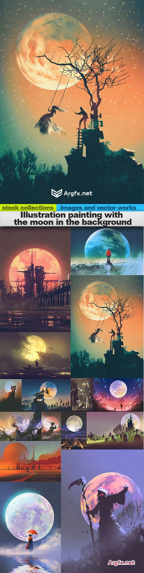 Illustration painting with the moon in the background, 15 x UHQ JPEG